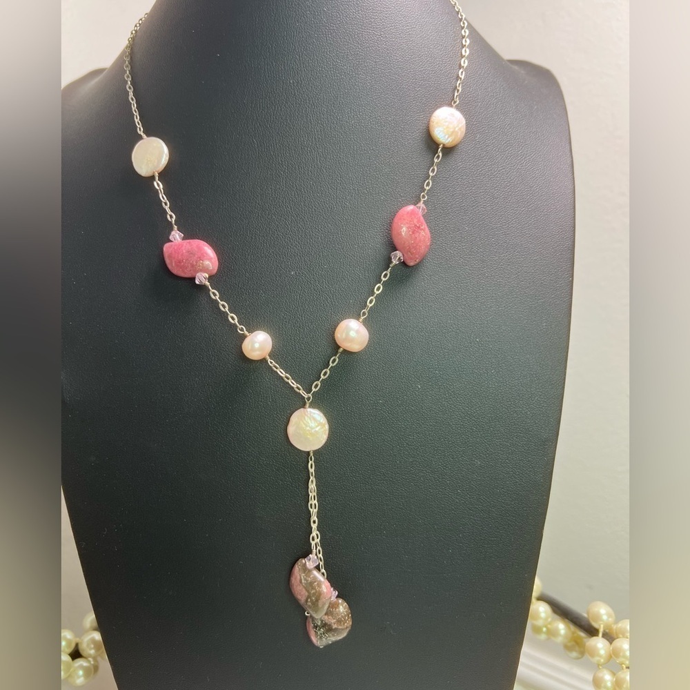 Freshwater Pink Coin Pearls & Stone Necklace 925 22” B21